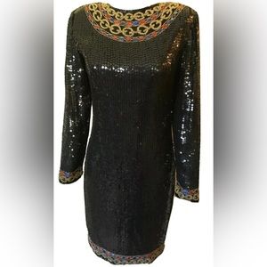 Vintage Glam Black Sequin Gold Red Blue Jewel Beaded Silk Evening Cocktail Dress